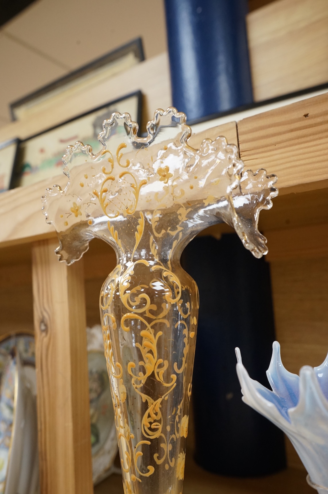 A Venetian opaline glass vase with decorative stem and a similar larger example, 36cm high
